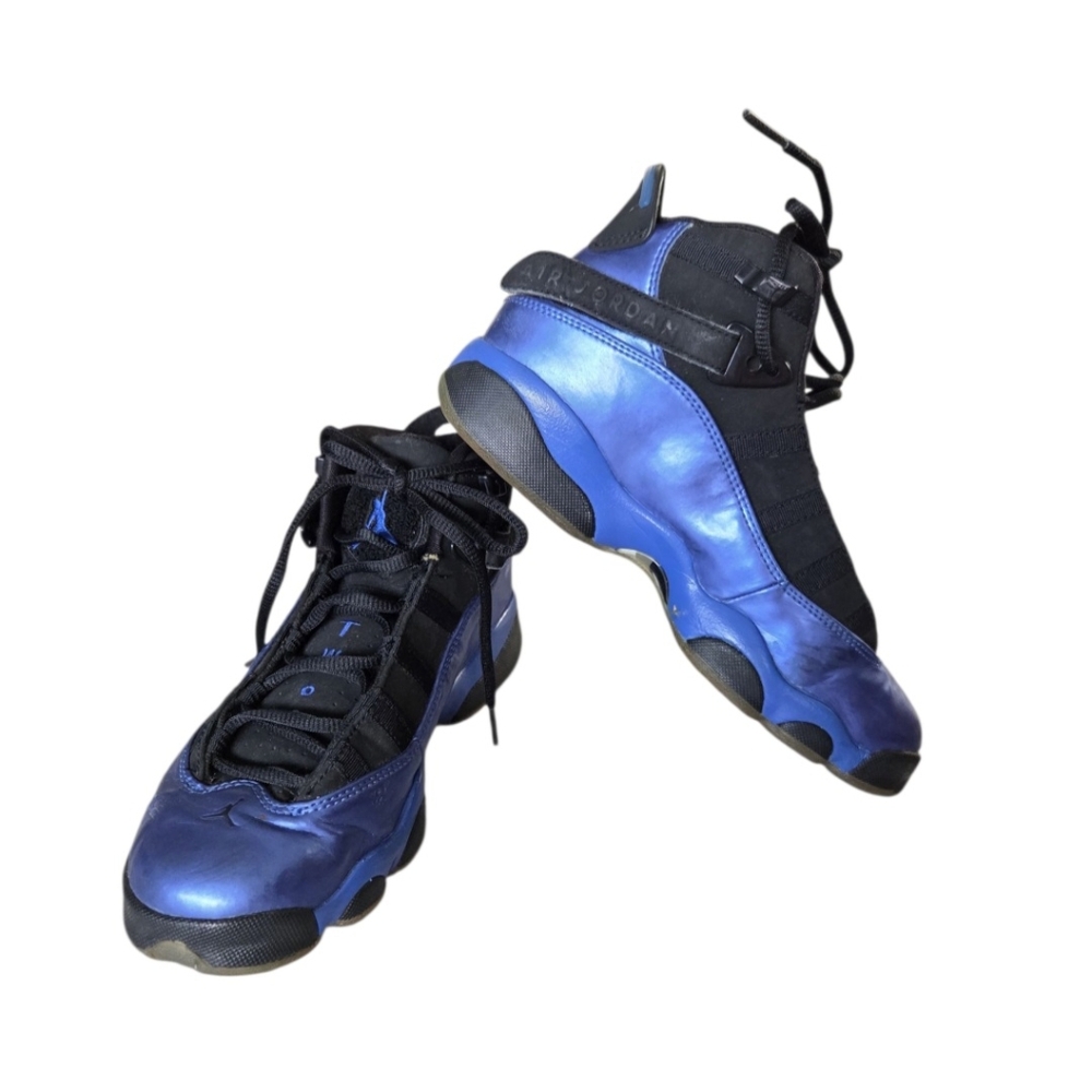 Air Jordan 6 Rings Youth Size 5 Black/Metallic Blue Sneakers 'Foamposite' EUC